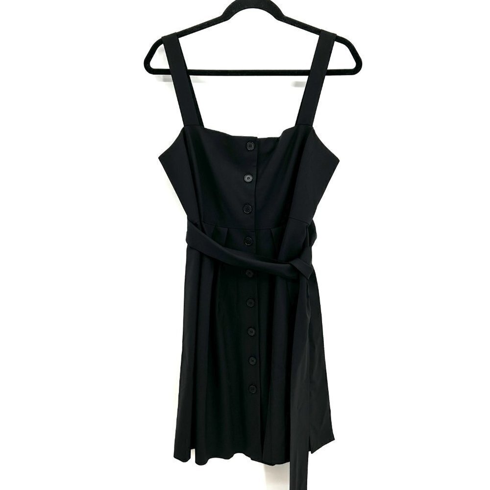 THEORY Black Wool Blend Pleated Button Front Waist Tie Sleeveless Dress Size 10